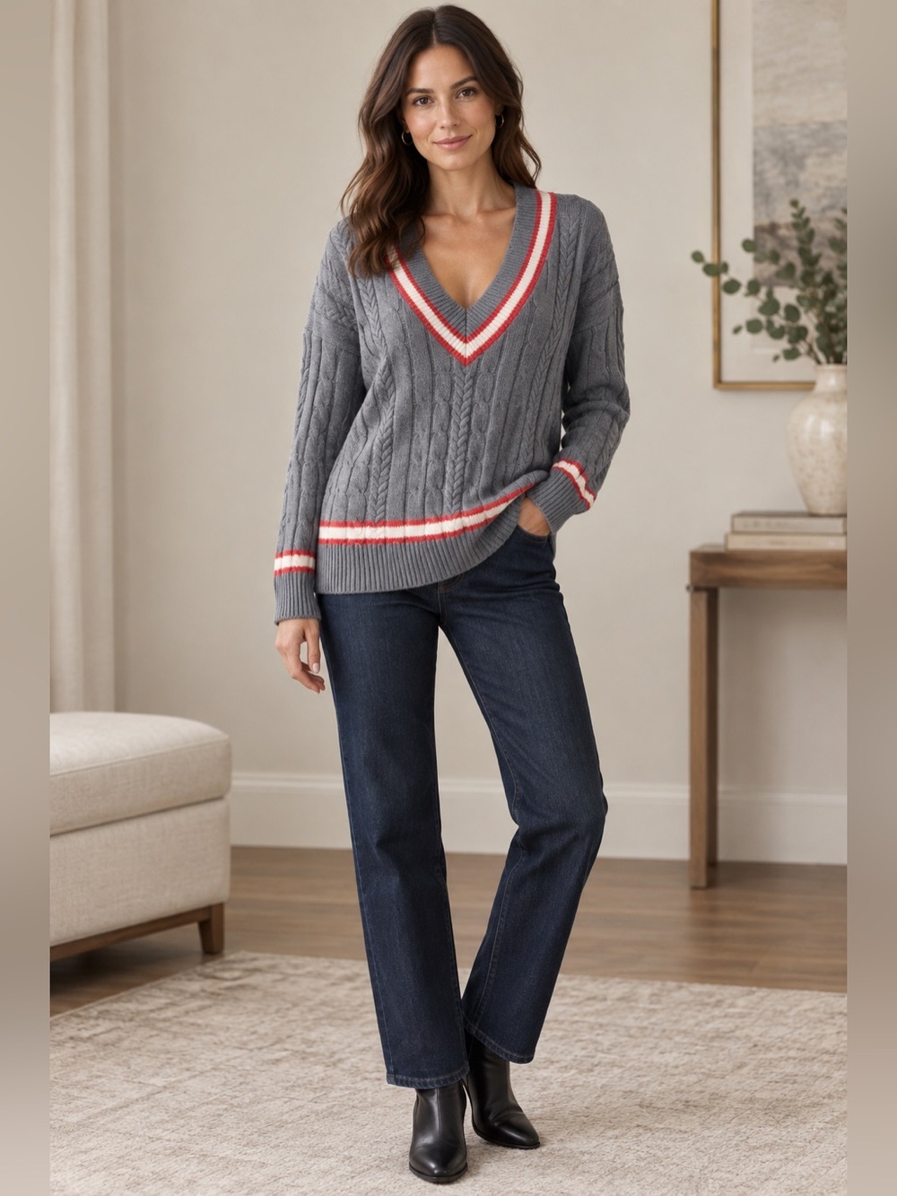 American Eagle Studio Gray Cable Knit Sweater with Red Accents
